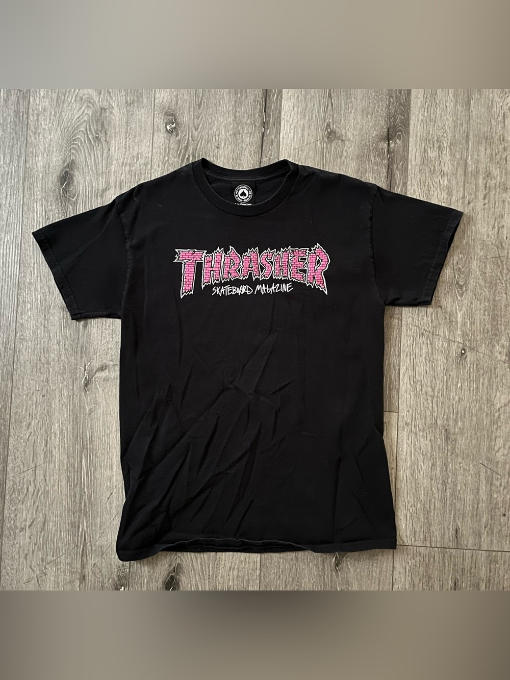 Thrasher Black T Shirt with Pink Lettering